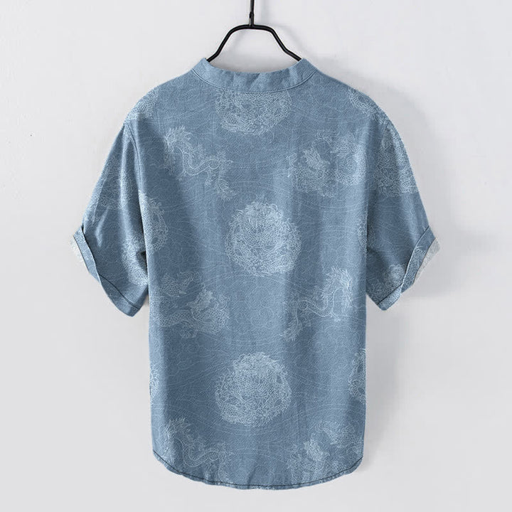 Buddha Stones Camicia da uomo a maniche corte con stampa drago in cotone e mezza abbottonatura - image 1