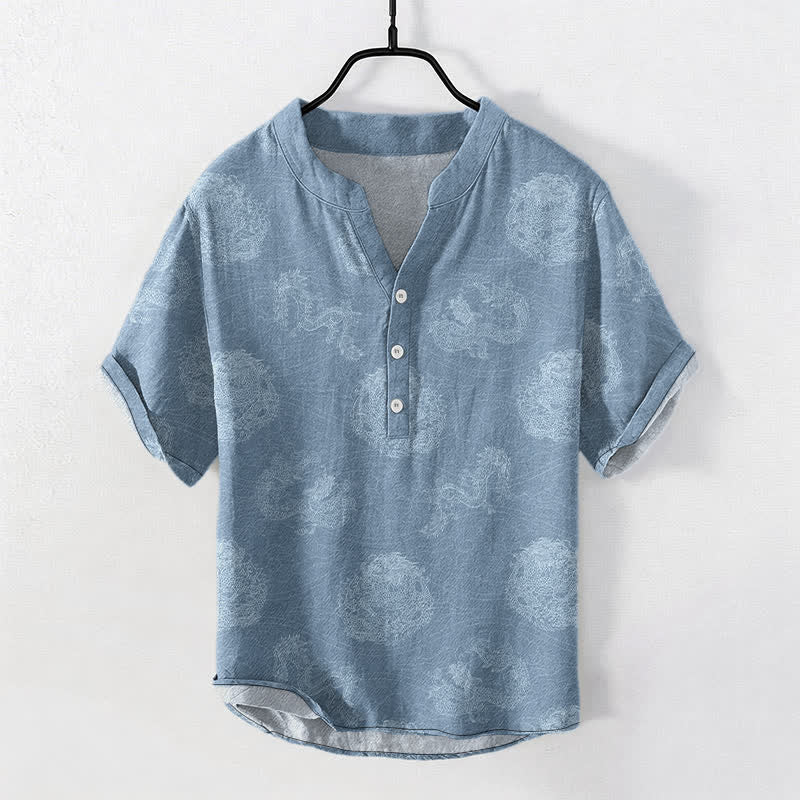 Buddha Stones Camicia da uomo a maniche corte con stampa drago in cotone e mezza abbottonatura - Azzurro cielo chiaro - US/UK/AU50, EU60 (5XL) - image 0