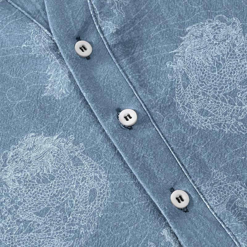 Buddha Stones Camicia da uomo a maniche corte con stampa drago in cotone e mezza abbottonatura - image 3