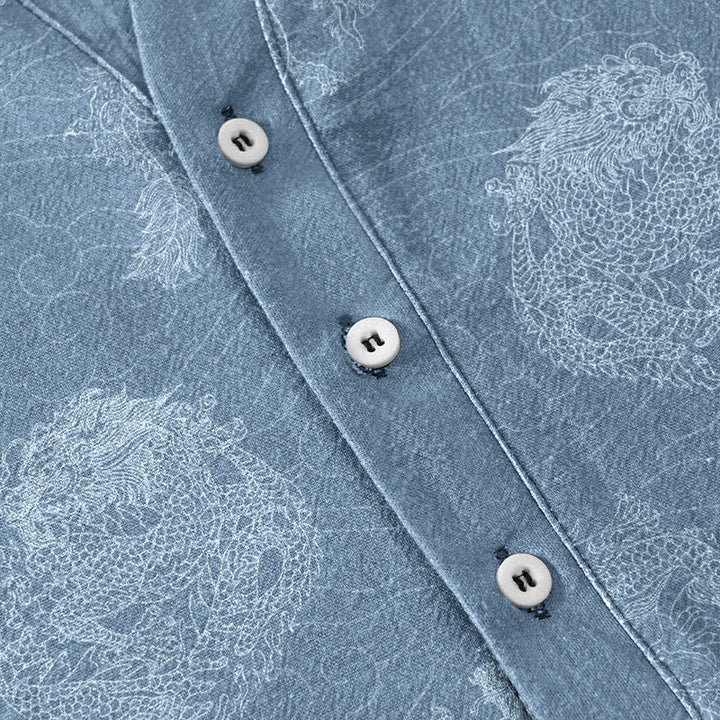 Buddha Stones Camicia da uomo a maniche corte con stampa drago in cotone e mezza abbottonatura - image 3
