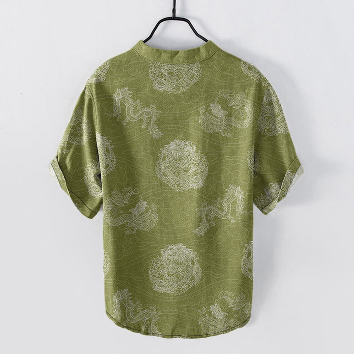 Buddha Stones Camicia da uomo a maniche corte con stampa drago in cotone e mezza abbottonatura - image 6