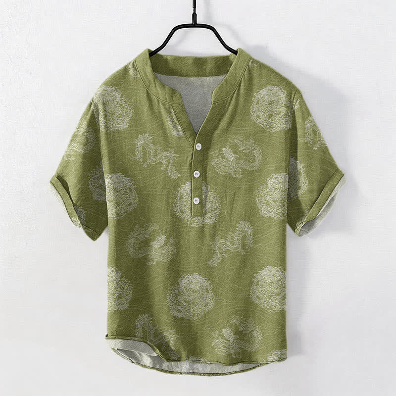 Buddha Stones Camicia da uomo a maniche corte con stampa drago in cotone e mezza abbottonatura - GialloVerde - US/UK/AU50, EU60 (5XL) - image 5