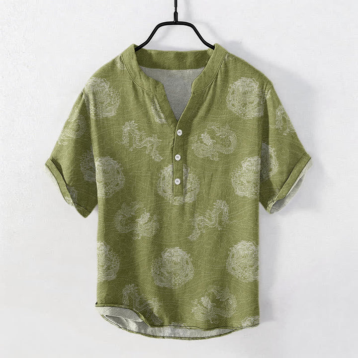 Buddha Stones Camicia da uomo a maniche corte con stampa drago in cotone e mezza abbottonatura - GialloVerde - US/UK/AU50, EU60 (5XL) - image 5