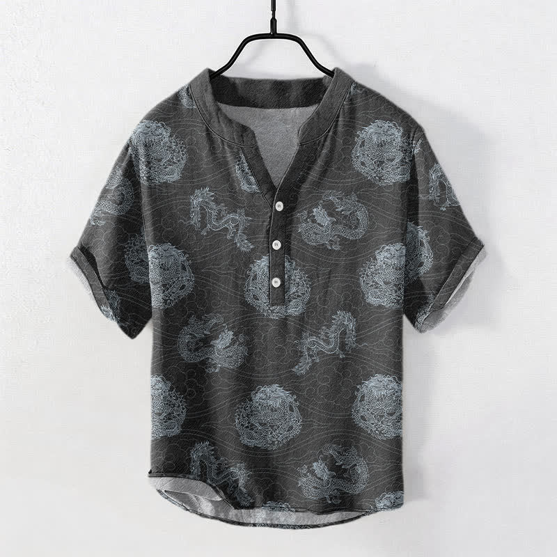 Buddha Stones Camicia da uomo a maniche corte con stampa drago in cotone e mezza abbottonatura - Grigio tenue - US/UK/AU50, EU60 (5XL) - image 7