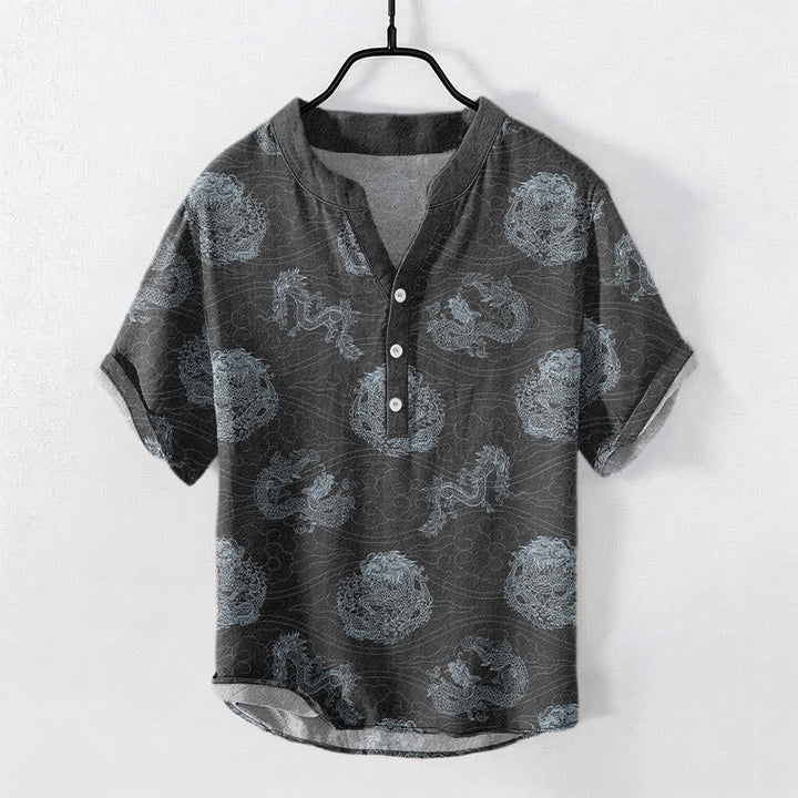 Buddha Stones Camicia da uomo a maniche corte con stampa drago in cotone e mezza abbottonatura - Grigio tenue - US/UK/AU50, EU60 (5XL) - image 7