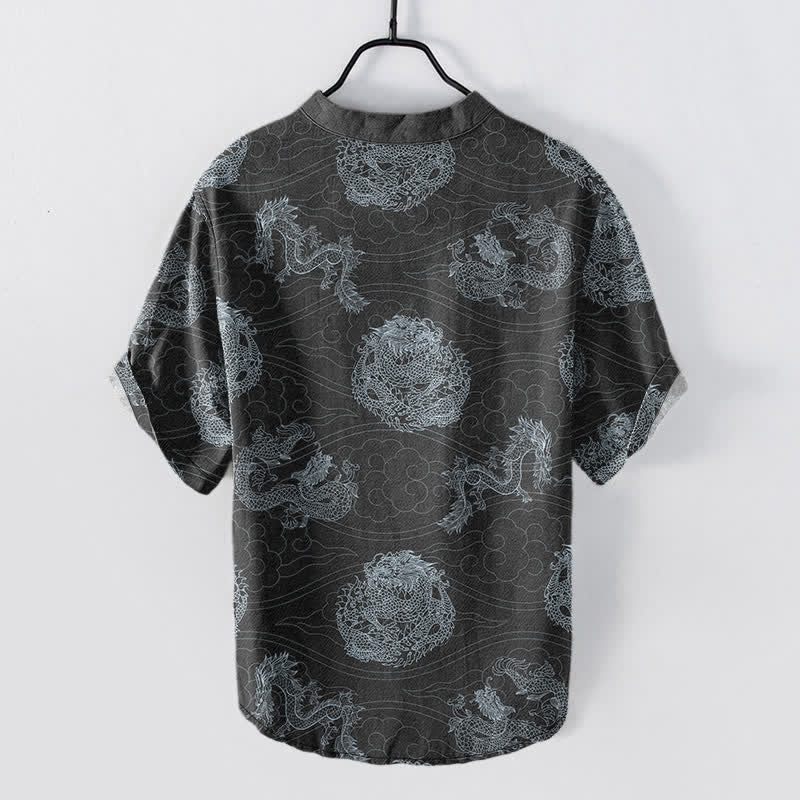 Buddha Stones Camicia da uomo a maniche corte con stampa drago in cotone e mezza abbottonatura - image 8