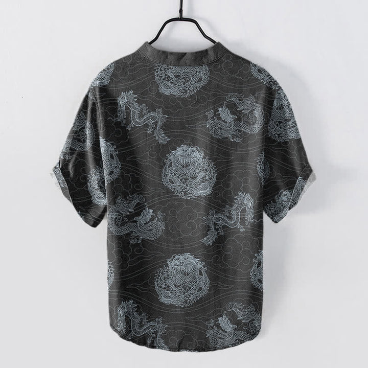 Buddha Stones Camicia da uomo a maniche corte con stampa drago in cotone e mezza abbottonatura - image 8