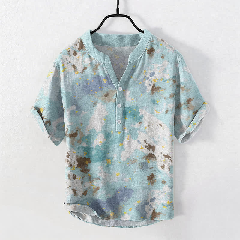 Buddha Stones Camicia da uomo a maniche corte con bottoni a metà, in cotone, con stampa acquerello. - Turchese pallido - US/UK/AU50, EU60 (5XL) - image 0