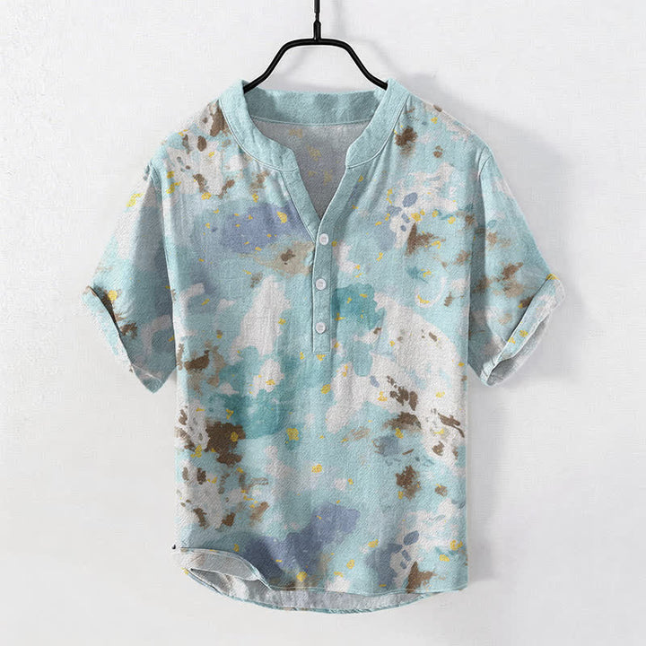 Buddha Stones Camicia da uomo a maniche corte con bottoni a metà, in cotone, con stampa acquerello. - Turchese pallido - US/UK/AU50, EU60 (5XL) - image 0
