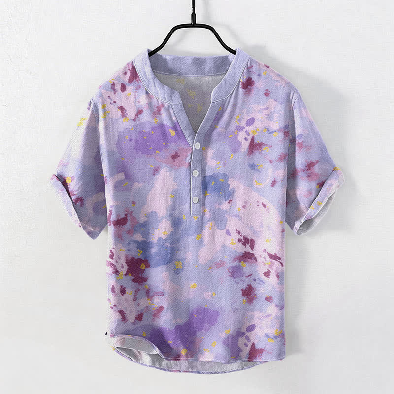 Buddha Stones Camicia da uomo a maniche corte con bottoni a metà, in cotone, con stampa acquerello. - Viola medio - US/UK/AU50, EU60 (5XL) - image 3