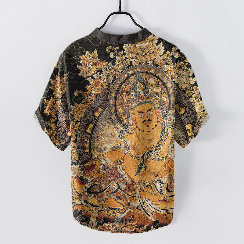 Buddha Stones Camicia da uomo a maniche corte con mezza abbottonatura, in cotone dorato con stampa floreale Buddha. - image 1