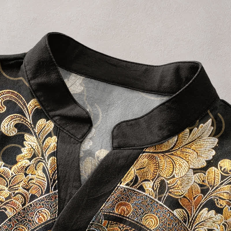 Buddha Stones Camicia da uomo a maniche corte con mezza abbottonatura, in cotone dorato con stampa floreale Buddha. - image 2