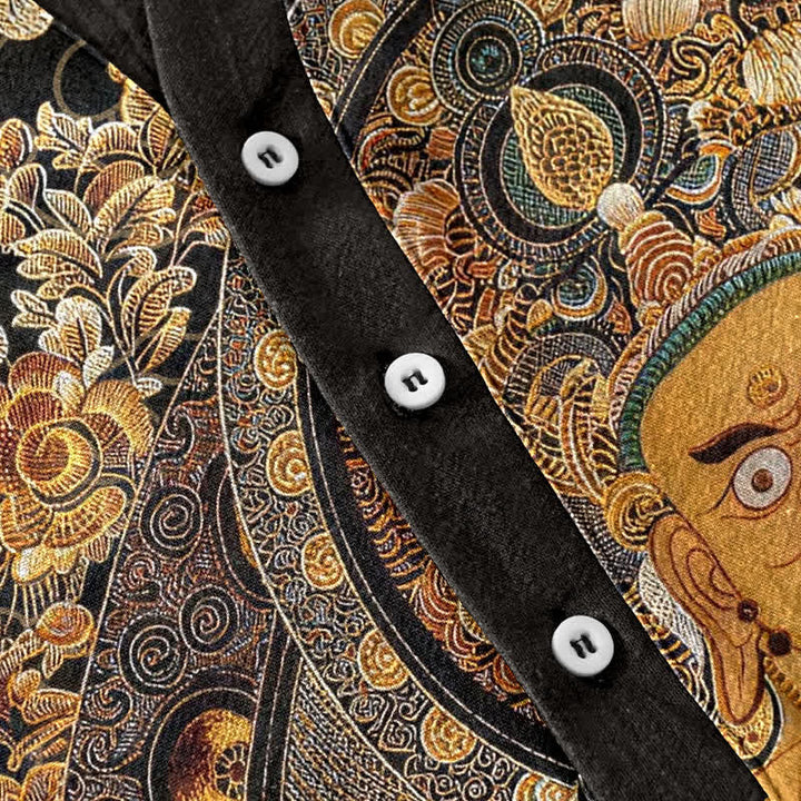 Buddha Stones Camicia da uomo a maniche corte con mezza abbottonatura, in cotone dorato con stampa floreale Buddha. - image 3