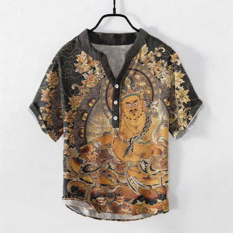 Buddha Stones Camicia da uomo a maniche corte con mezza abbottonatura, in cotone dorato con stampa floreale Buddha. - Grigio ardesia scuro - US/UK/AU50, EU60 (5XL) - image 0