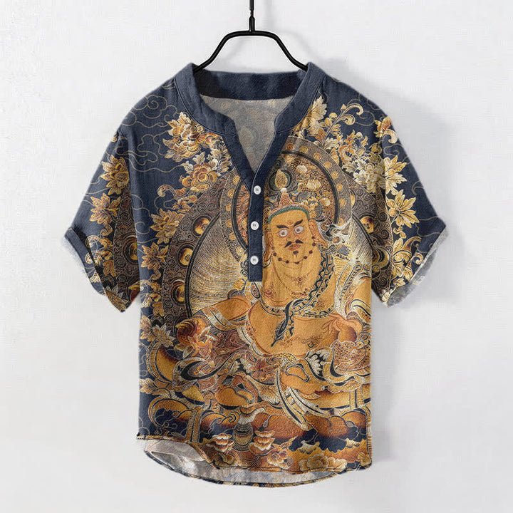 Buddha Stones Camicia da uomo a maniche corte con mezza abbottonatura, in cotone dorato con stampa floreale Buddha. - Blu notte - US/UK/AU50, EU60 (5XL) - image 5