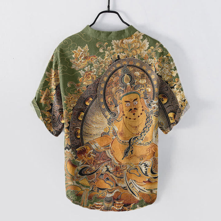 Buddha Stones Camicia da uomo a maniche corte con mezza abbottonatura, in cotone dorato con stampa floreale Buddha. - image 8