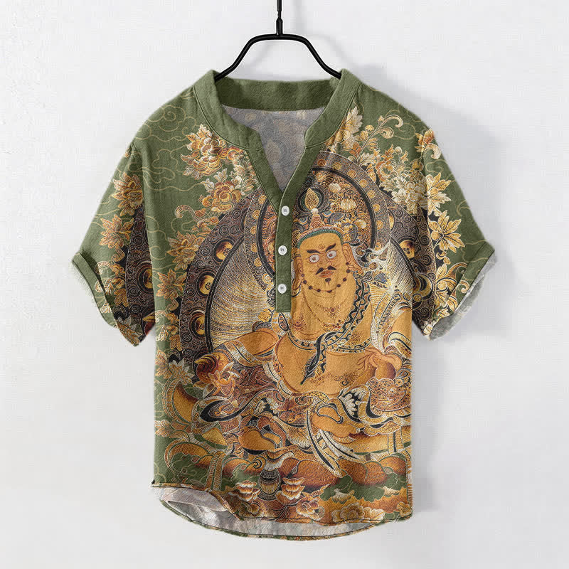 Buddha Stones Camicia da uomo a maniche corte con mezza abbottonatura, in cotone dorato con stampa floreale Buddha. - Verde Mare Scuro - US/UK/AU50, EU60 (5XL) - image 7