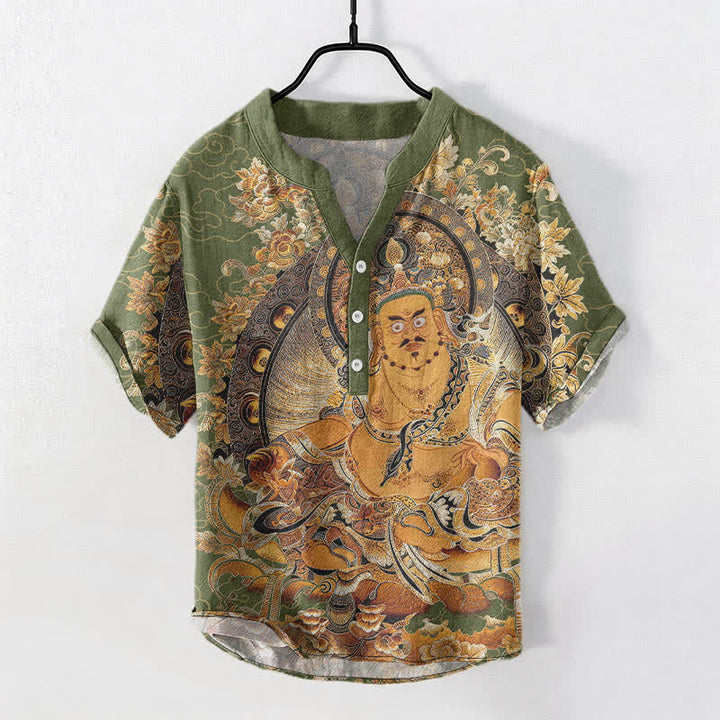 Buddha Stones Camicia da uomo a maniche corte con mezza abbottonatura, in cotone dorato con stampa floreale Buddha. - Verde Mare Scuro - US/UK/AU50, EU60 (5XL) - image 7