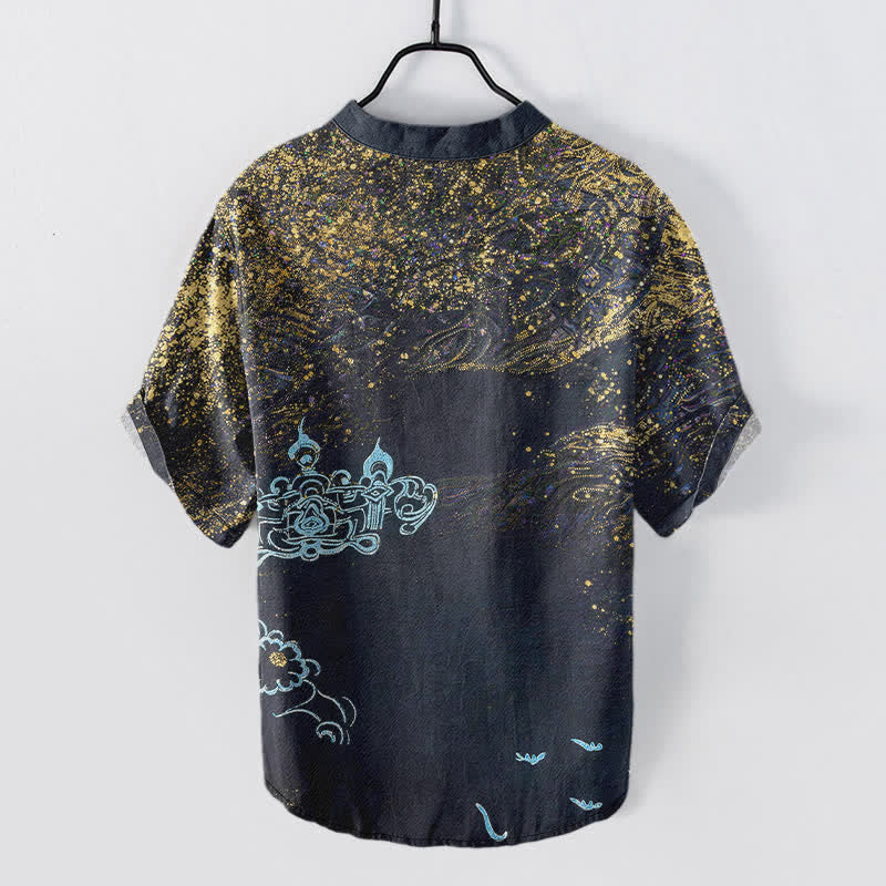 Buddha Stones Camicia Henley da uomo a maniche corte con bottoni e stampa effetto schizzi di colore e motivo galattico. - image 1