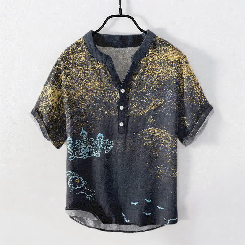 Buddha Stones Camicia Henley da uomo a maniche corte con bottoni e stampa effetto schizzi di colore e motivo galattico. - Grigio ardesia scuro - US/UK/AU50, EU60 (5XL) - image 0