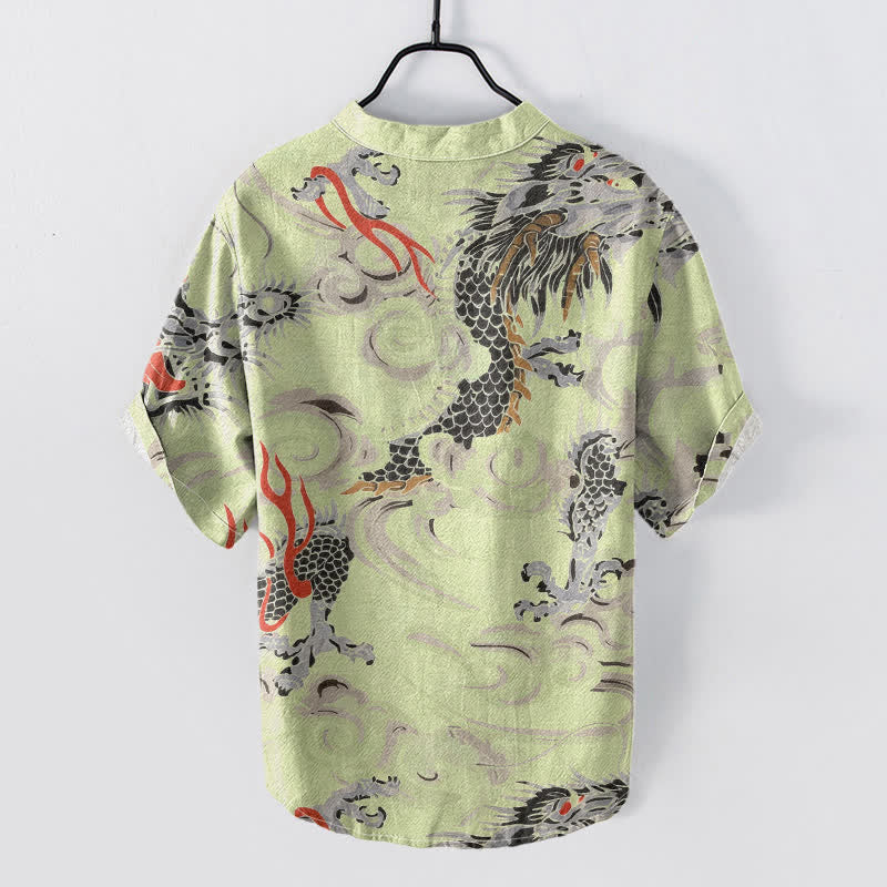 Buddha Stones Camicia Henley da uomo a maniche corte con stampa drago in cotone e mezza abbottonatura - image 4
