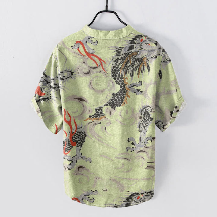 Buddha Stones Camicia Henley da uomo a maniche corte con stampa drago in cotone e mezza abbottonatura - image 4