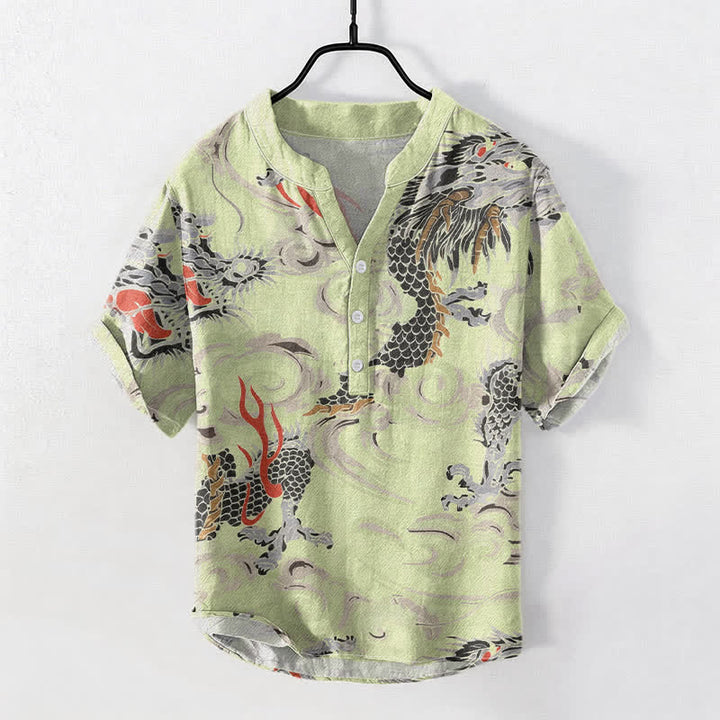 Buddha Stones Camicia Henley da uomo a maniche corte con stampa drago in cotone e mezza abbottonatura - Verde Giallo - US/UK/AU50, EU60 (5XL) - image 3