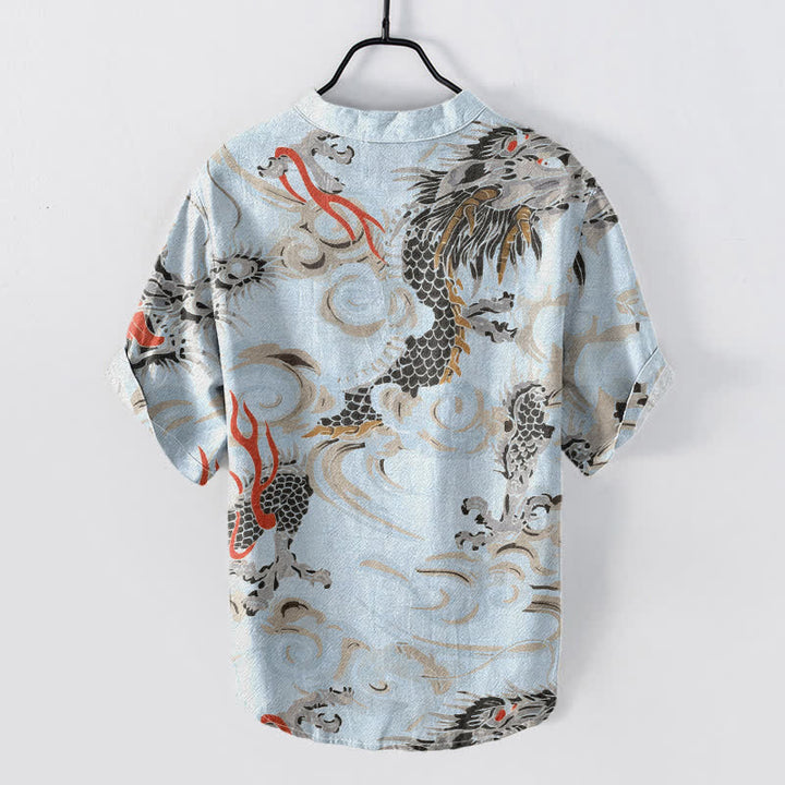 Buddha Stones Camicia Henley da uomo a maniche corte con stampa drago in cotone e mezza abbottonatura - image 6