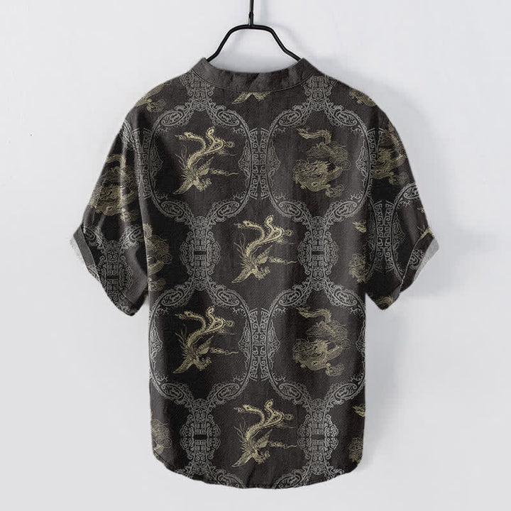 Buddha Stones Camicia da uomo a maniche corte con bottoni a metà, in cotone, con emblema del drago e della fenice. - image 1