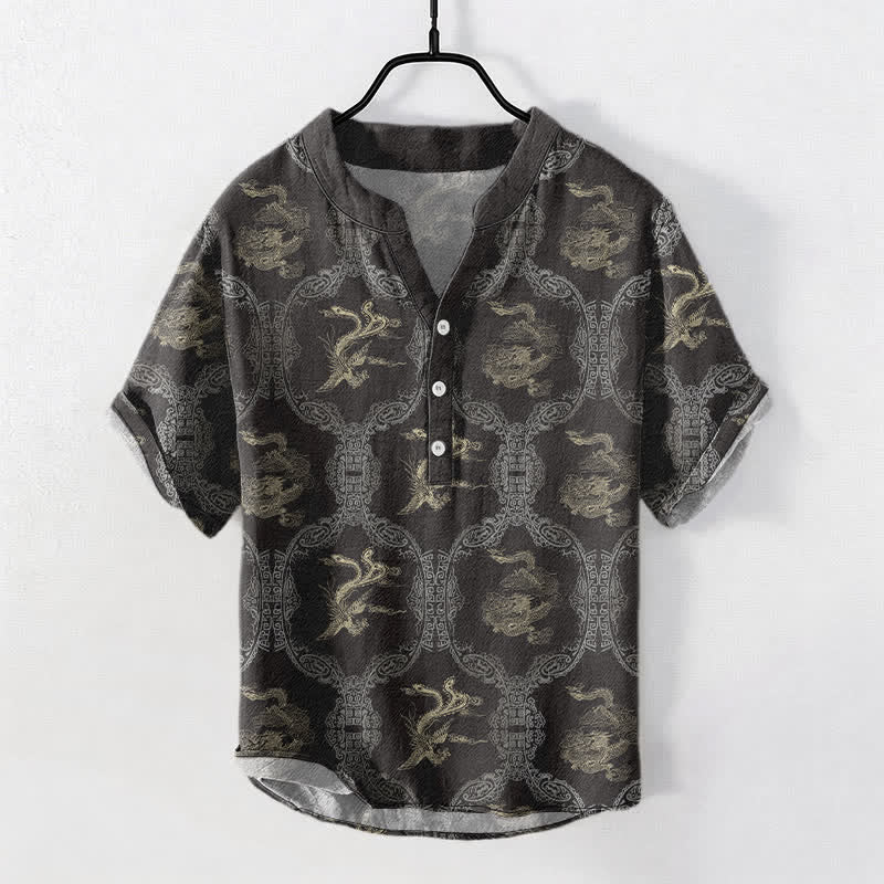 Buddha Stones Camicia da uomo a maniche corte con bottoni a metà, in cotone, con emblema del drago e della fenice. - Grigio tenue - US/UK/AU50, EU60 (5XL) - image 0