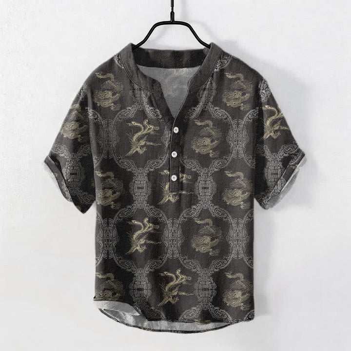 Buddha Stones Camicia da uomo a maniche corte con bottoni a metà, in cotone, con emblema del drago e della fenice. - Grigio tenue - US/UK/AU50, EU60 (5XL) - image 0
