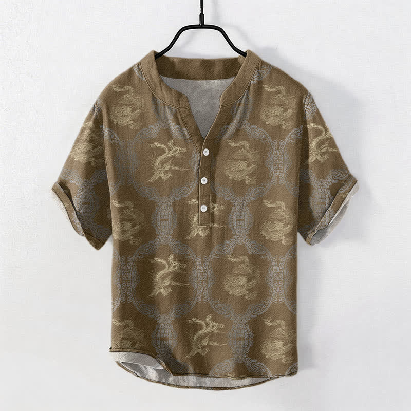 Buddha Stones Camicia da uomo a maniche corte con bottoni a metà, in cotone, con emblema del drago e della fenice. - Verga d'oro scura - US/UK/AU50, EU60 (5XL) - image 4