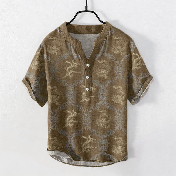 Buddha Stones Camicia da uomo a maniche corte con bottoni a metà, in cotone, con emblema del drago e della fenice. - Verga d'oro scura - US/UK/AU50, EU60 (5XL) - image 4