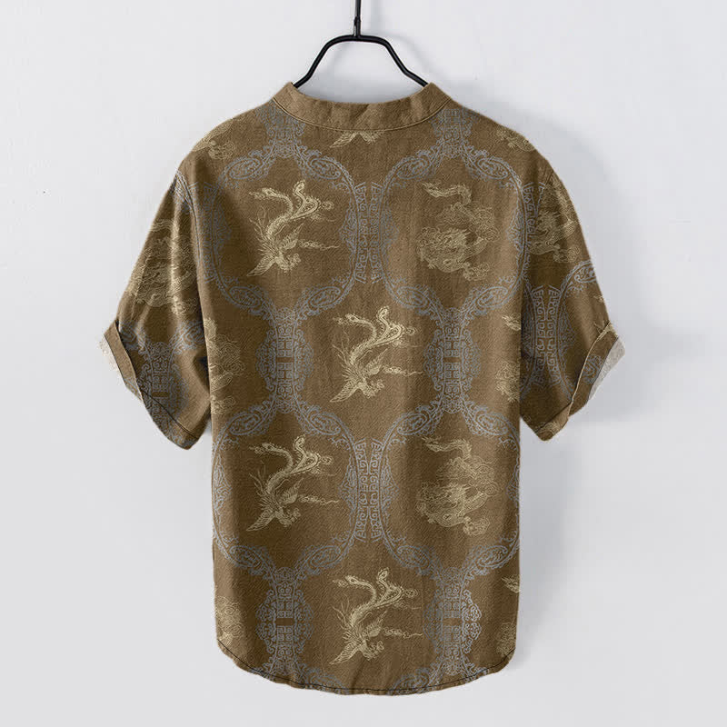 Buddha Stones Camicia da uomo a maniche corte con bottoni a metà, in cotone, con emblema del drago e della fenice. - image 5