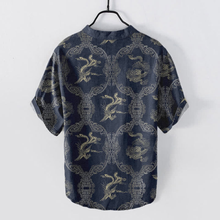 Buddha Stones Camicia da uomo a maniche corte con bottoni a metà, in cotone, con emblema del drago e della fenice. - image 7