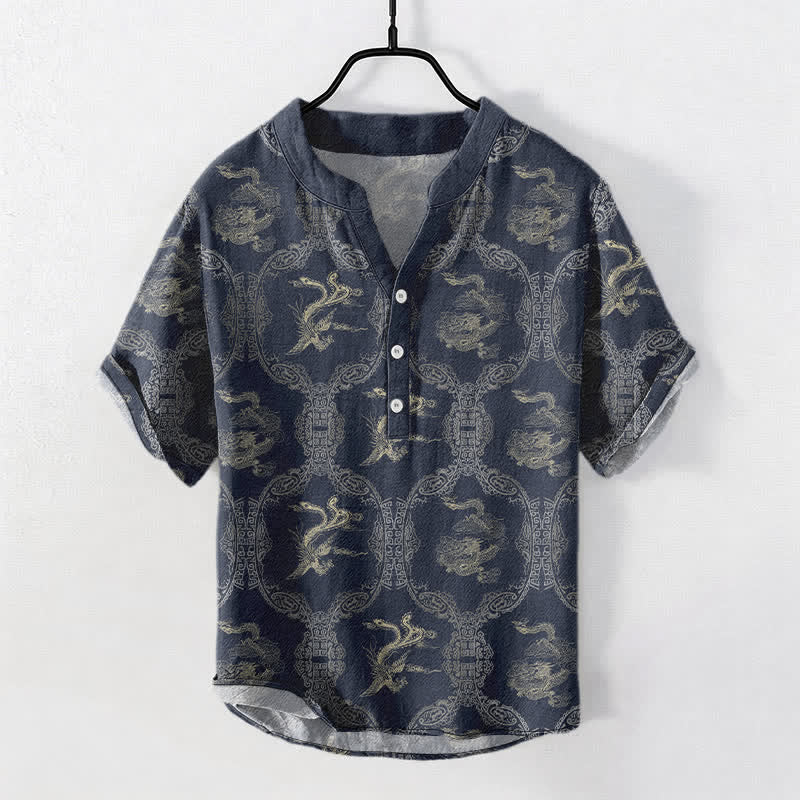 Buddha Stones Camicia da uomo a maniche corte con bottoni a metà, in cotone, con emblema del drago e della fenice. - Blu notte - US/UK/AU50, EU60 (5XL) - image 6