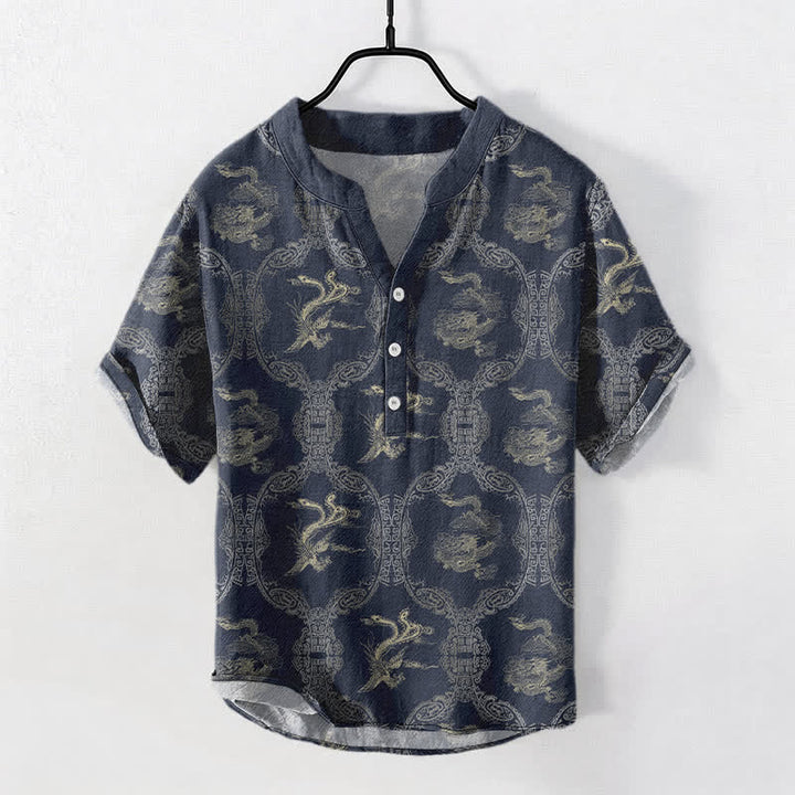 Buddha Stones Camicia da uomo a maniche corte con bottoni a metà, in cotone, con emblema del drago e della fenice. - Blu notte - US/UK/AU50, EU60 (5XL) - image 6