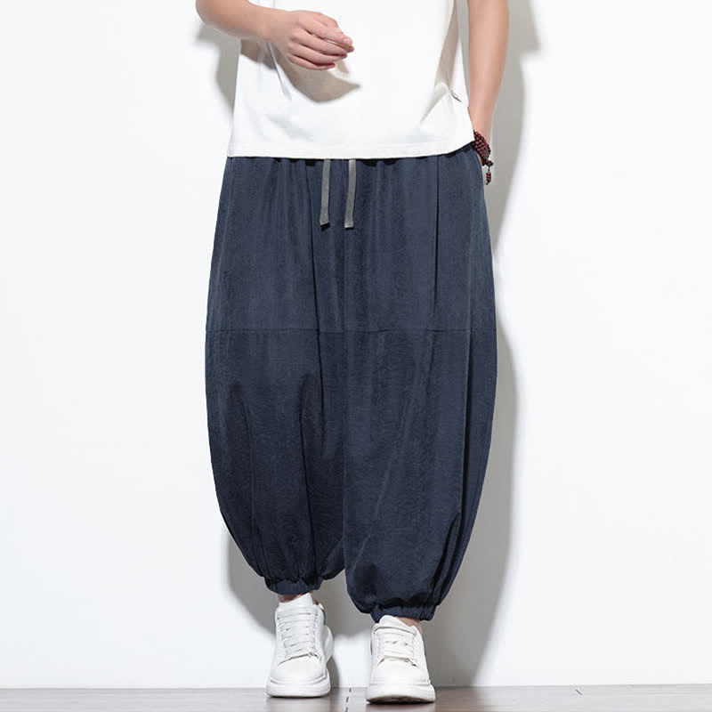Buddha Stones Pantaloni harem da uomo in cotone, tinta unita, con coulisse e tasche, per la primavera. - Blu notte - US/UK/AU46, EU56 (5XL) - image 0