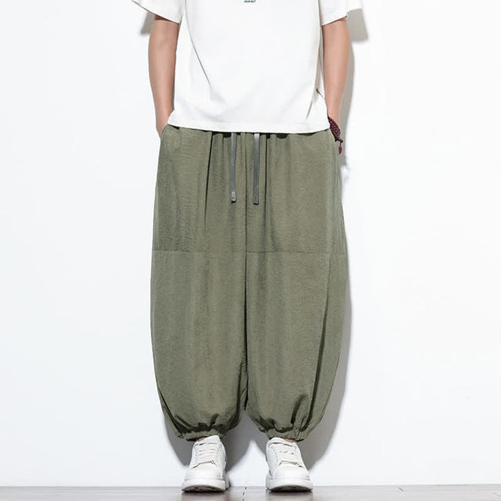 Buddha Stones Pantaloni harem da uomo in cotone, tinta unita, con coulisse e tasche, per la primavera. - Verde oliva - US/UK/AU46, EU56 (5XL) - image 27
