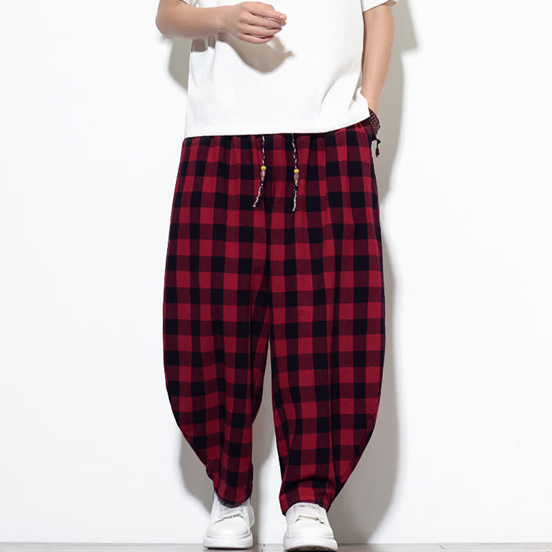 Buddha Stones Pantaloni harem da uomo estivi a vita alta con coulisse e motivo a quadri, con tasche. - Rosso - US/UK/AU46, EU56 (5XL) - image 19