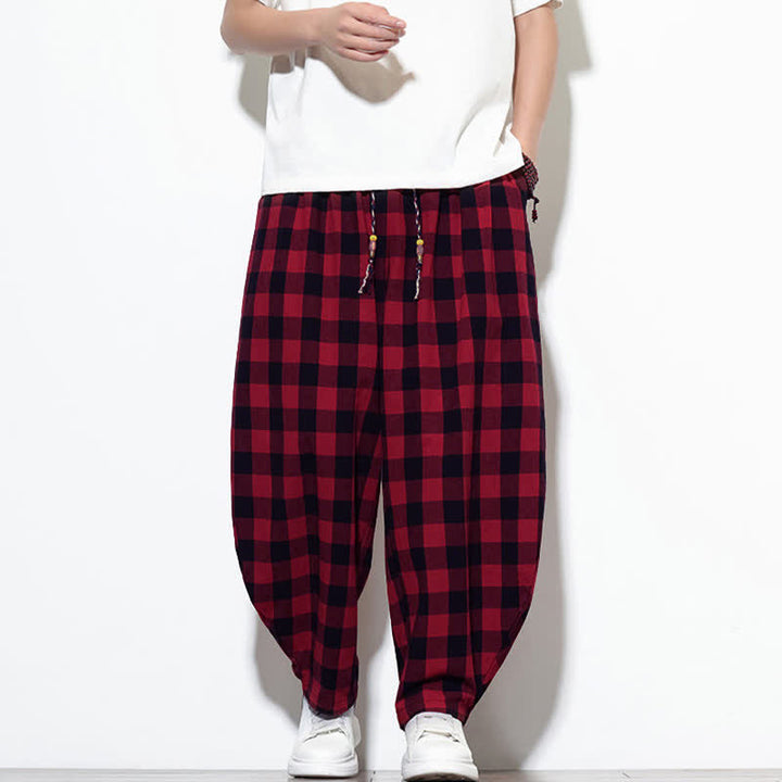 Buddha Stones Pantaloni harem da uomo estivi a vita alta con coulisse e motivo a quadri, con tasche. - Rosso - US/UK/AU46, EU56 (5XL) - image 19
