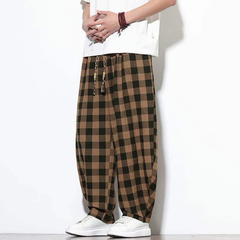 Buddha Stones Pantaloni harem da uomo estivi a vita alta con coulisse e motivo a quadri, con tasche. - image 13