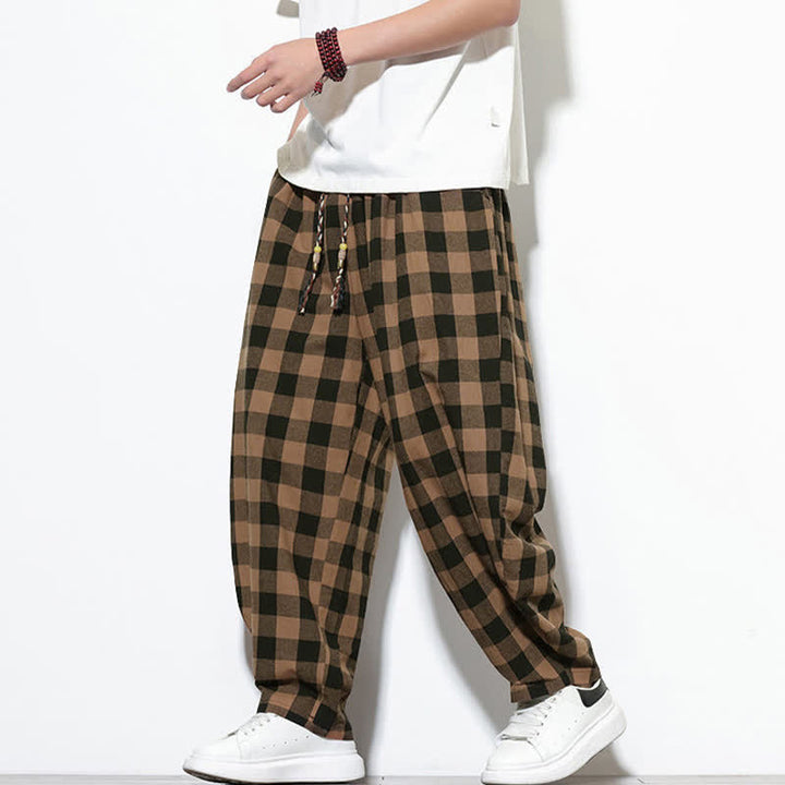 Buddha Stones Pantaloni harem da uomo estivi a vita alta con coulisse e motivo a quadri, con tasche. - image 14