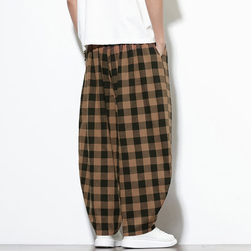 Buddha Stones Pantaloni harem da uomo estivi a vita alta con coulisse e motivo a quadri, con tasche. - image 18
