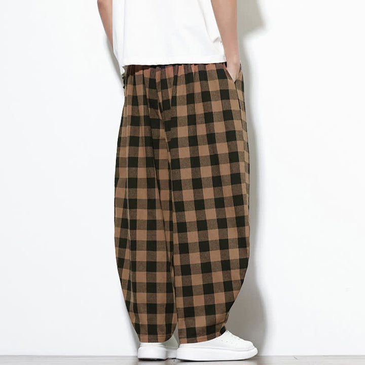 Buddha Stones Pantaloni harem da uomo estivi a vita alta con coulisse e motivo a quadri, con tasche. - image 18