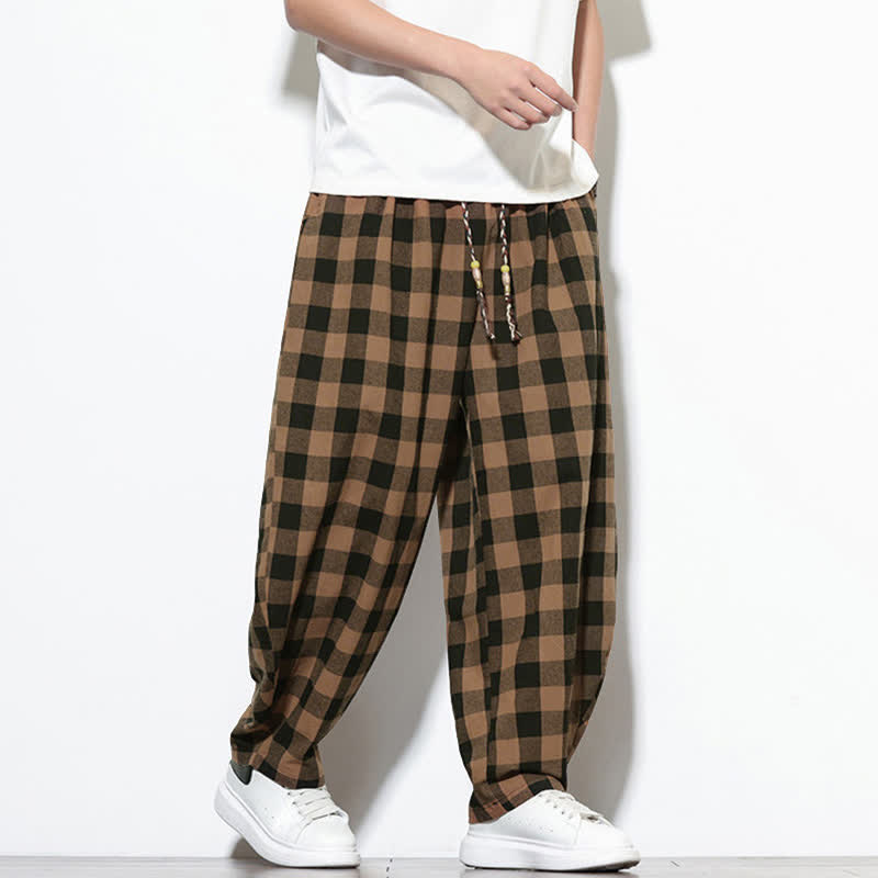 Buddha Stones Pantaloni harem da uomo estivi a vita alta con coulisse e motivo a quadri, con tasche. - image 15
