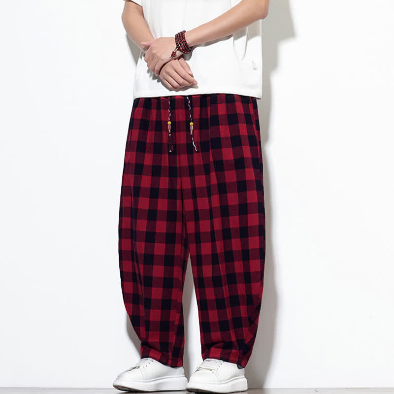 Buddha Stones Pantaloni harem da uomo estivi a vita alta con coulisse e motivo a quadri, con tasche. - image 23
