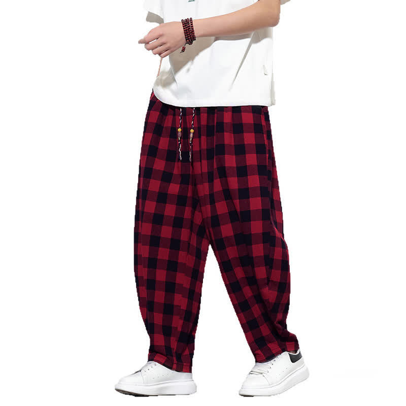 Buddha Stones Pantaloni harem da uomo estivi a vita alta con coulisse e motivo a quadri, con tasche. - image 25