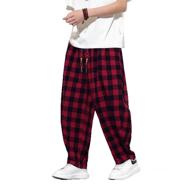 Buddha Stones Pantaloni harem da uomo estivi a vita alta con coulisse e motivo a quadri, con tasche. - image 25