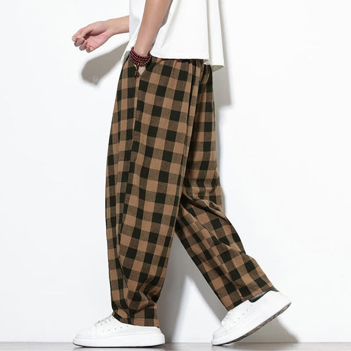 Buddha Stones Pantaloni harem da uomo estivi a vita alta con coulisse e motivo a quadri, con tasche. - image 16